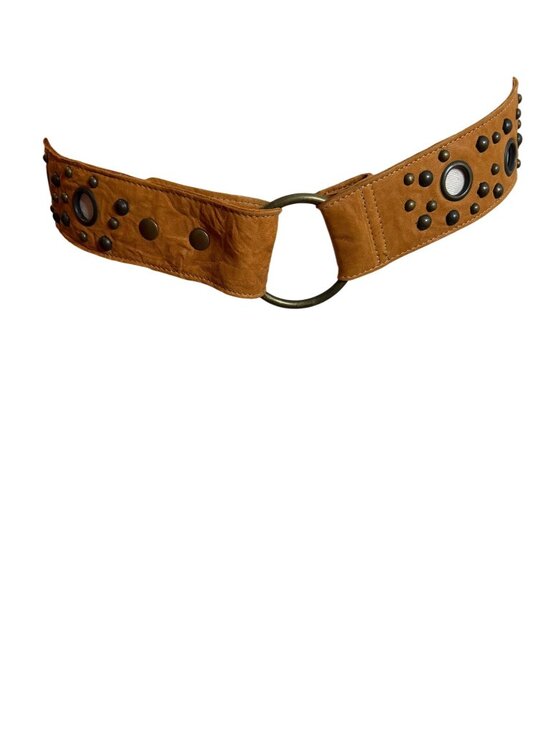 Treesje Womens Circular Metal Buckle Studded Hip Belt Size 36 inch Tan Leather